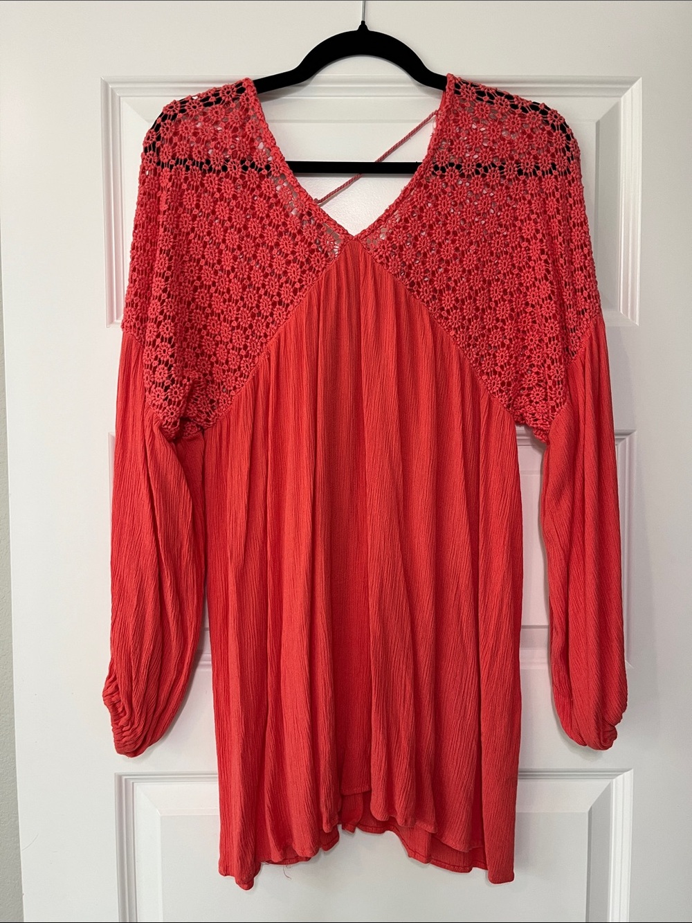 Velzera Coral Crochet-Yoke Long Sleeve Dress